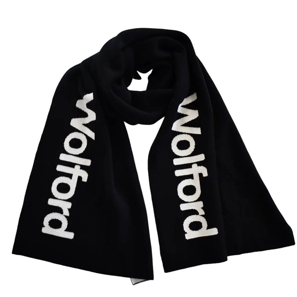 $370 NEW Auth WOLFORD Black Ecrue WOLFORD LOGO VIRGIN WOOL KNIT Long Scarf
